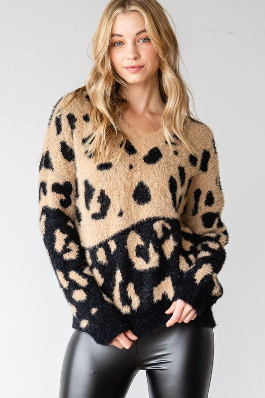 Leopard Fuzzy Color Block Sweater
