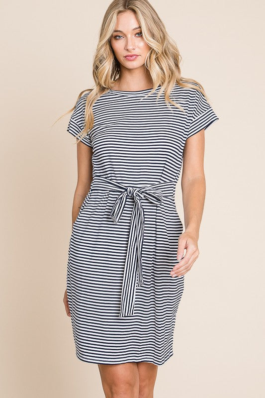 Navy Striped Self Tie Mid Dress