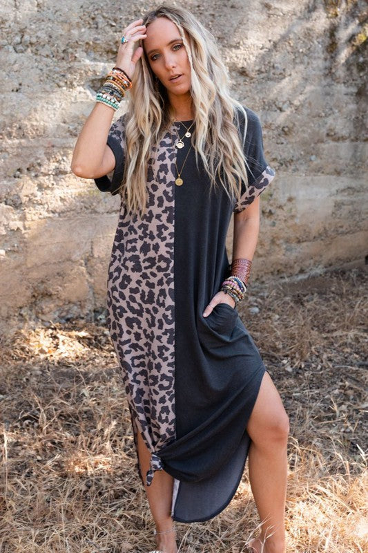 Black Leopard Short Sleeve T-shirt Dress w/ Side Slits