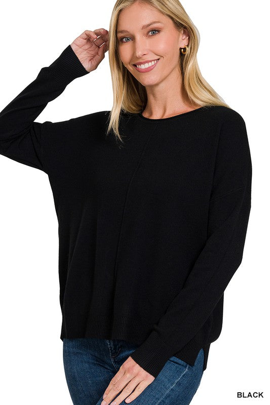 Black Front Seam Basic Sweater