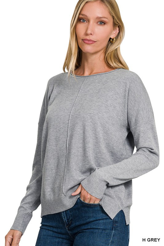 Heather Grey Front Seam Basic Sweater