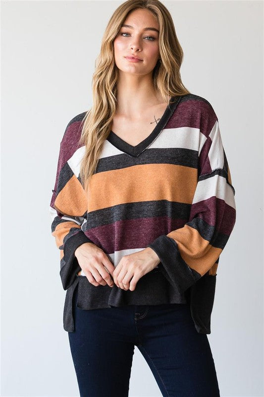 Mustard, Wine & Charcoal Striped Top