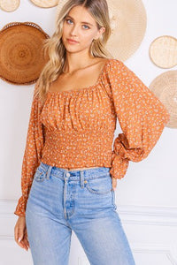 Rust Ditsy Floral Ruched Crop Top