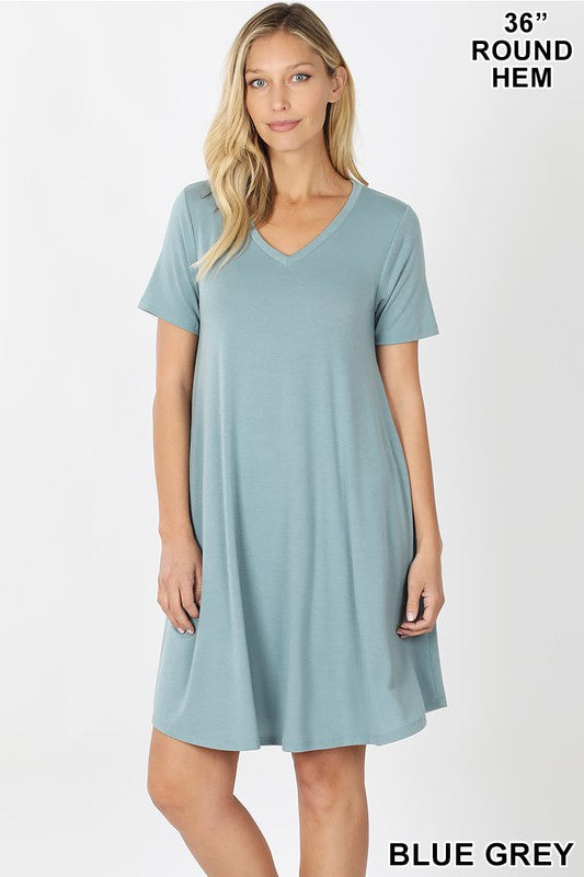 Blue Grey Short Sleeve Dress w/ Pockets