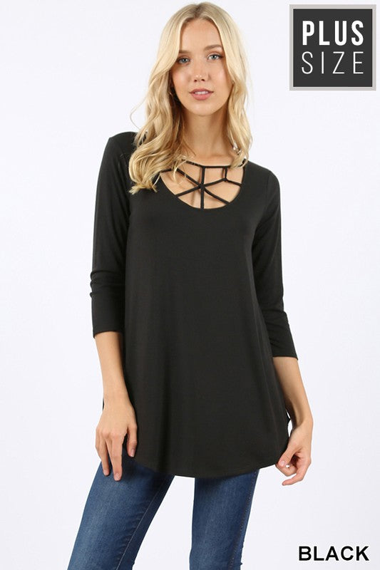 Black 3/4 Sleeve Top w/ Web Front Detail