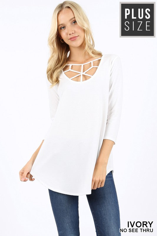 Ivory 3/4 Sleeve Top w/ Web Front Detail