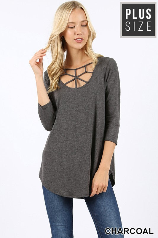 Charcoal 3/4 Sleeve Top w/ Web Front Detail