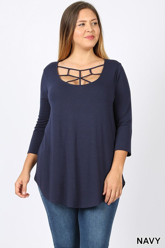 Navy 3/4 Sleeve Top w/ Web Front Detail