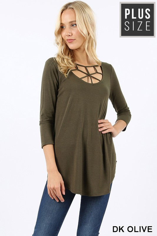 Dark Olive 3/4 Sleeve Top w/ Web Front Detail