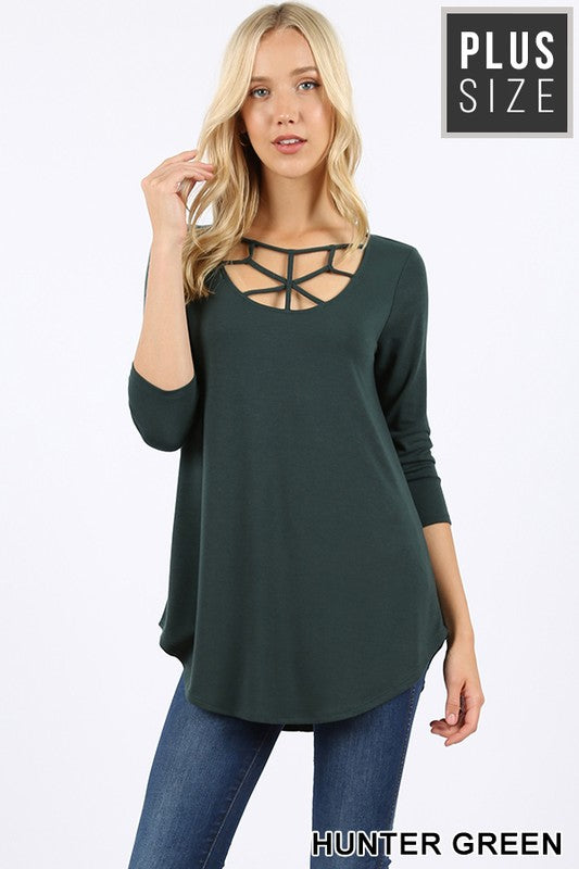Hunter Green 3/4 Sleeve Top w/ Web Front Detail