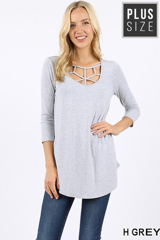 Heather Grey 3/4 Sleeve Top w/ Web Front Detail
