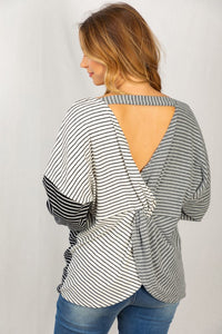Black, White & Grey Striped Twist Back Top