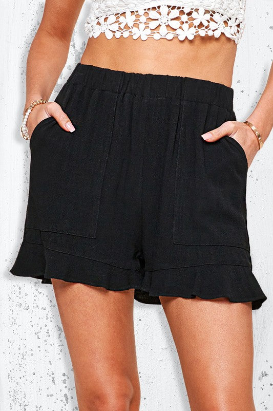 Black Linen Elastic Waist Shorts w/ Ruffle Hem
