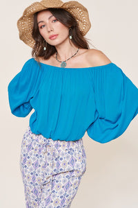Turquoise Off The Shoulder Balloon Sleeve Linen Top