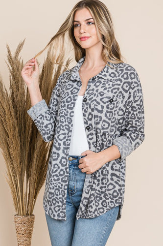 Grey Leopard Fleece Button Down Jacket