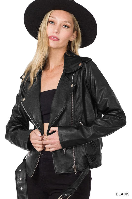 Black Vegan Leather Belted Moto Jacket