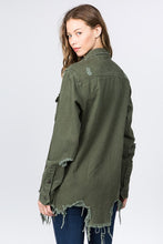 Load image into Gallery viewer, Olive Distressed Denim Jacket