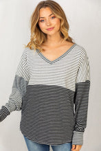 Load image into Gallery viewer, Black, White &amp; Grey Striped Twist Back Top