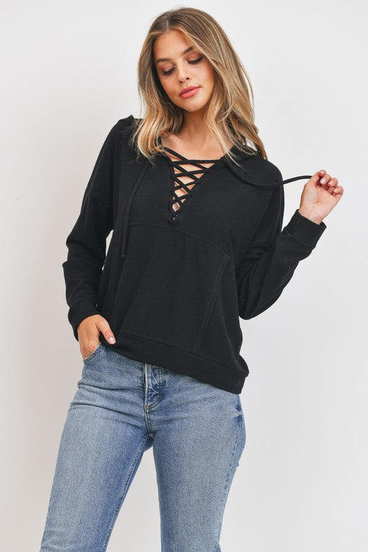 Black Criss Cross Front Tie French Terry Hoodie