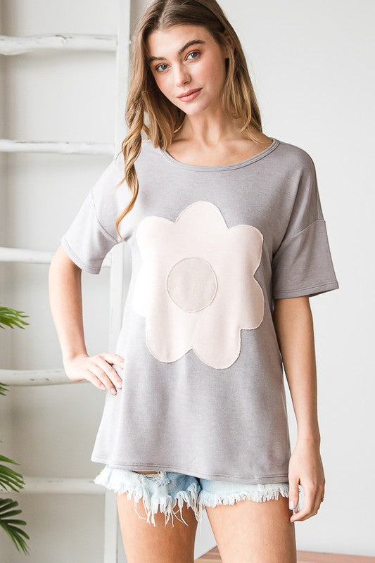 Grey Daisy Patch Top