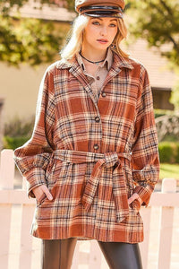 Rust Plaid Bubble Sleeve Belted Shacket