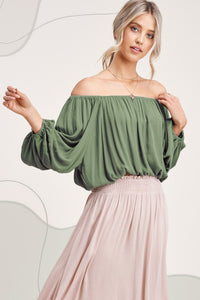 Olive Off The Shoulder Balloon Sleeve Linen Top