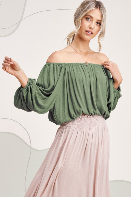 Olive Off The Shoulder Balloon Sleeve Linen Top