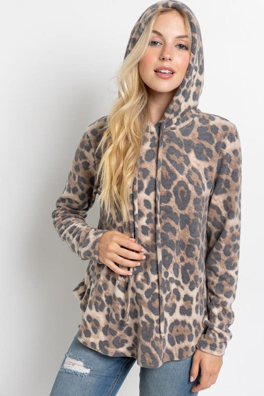 Leopard Print Brushed Hoodie Top