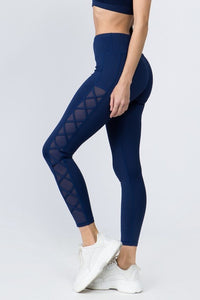 Navy Lace-Up Mesh Side Leggings
