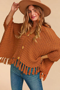 Rust Fringe Button Down Poncho