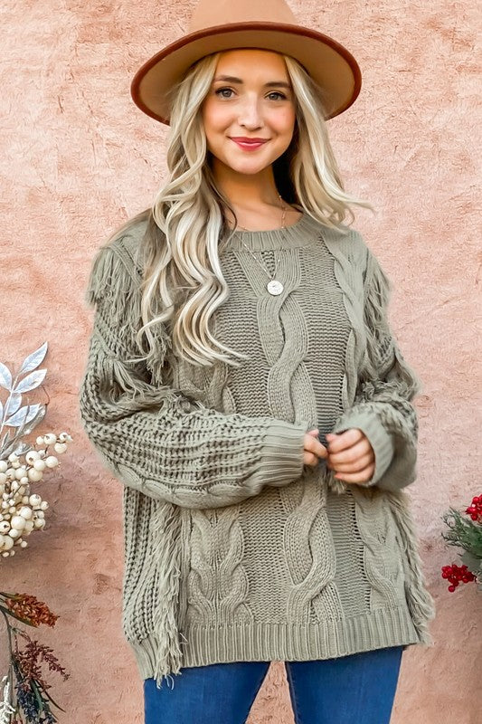 Olive Fringe Knit Oversized Sweater