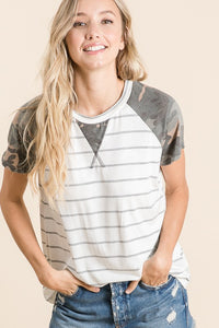 Striped Color Block Top w/ Camo Sleeves