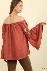 Rust Suede Off the Shoulder Floral Embroidered Top