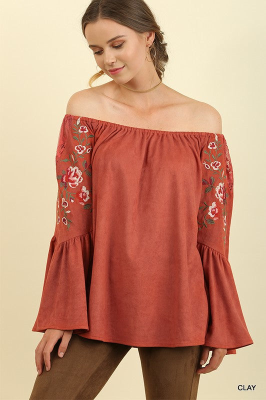 Rust Suede Off the Shoulder Floral Embroidered Top