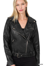 Load image into Gallery viewer, Black Vegan Leather Belted Moto Jacket