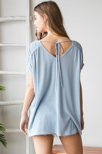 Blue Ruched Sleeve Top