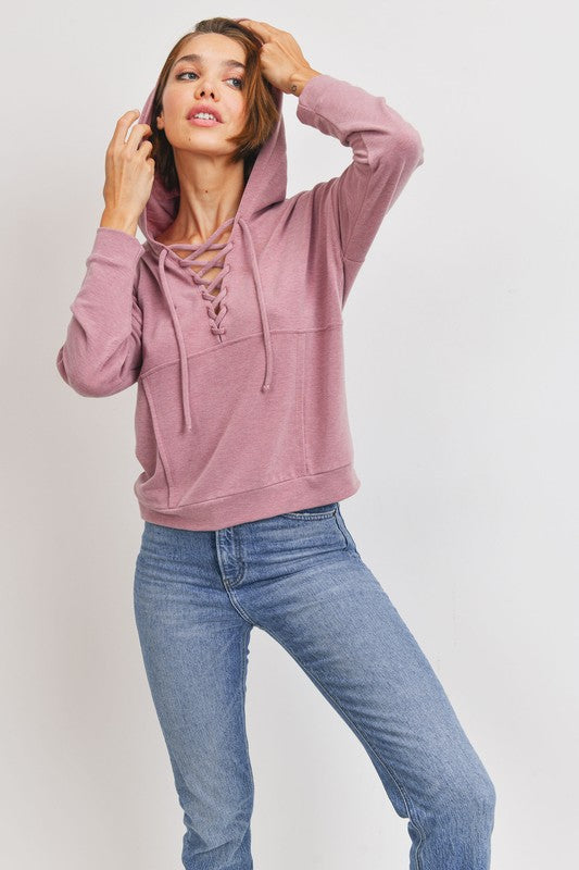 Mauve Criss Cross Front Tie French Terry Hoodie