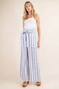 Blue & Ivory Striped Linen Split Side Pants
