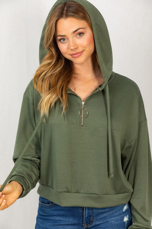 Olive Zippered Front Crop Sweater