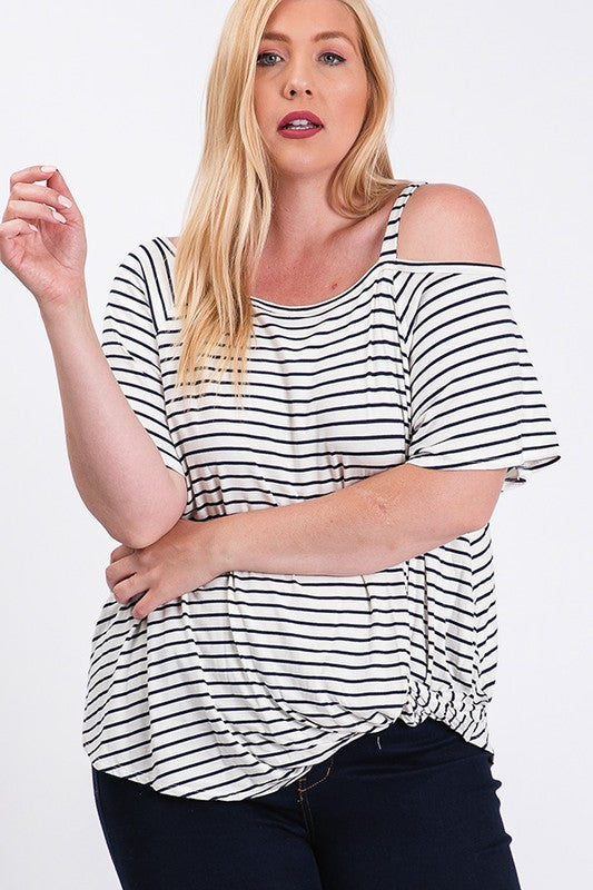 Ivory Striped One Shoulder Top w/ Side Knot