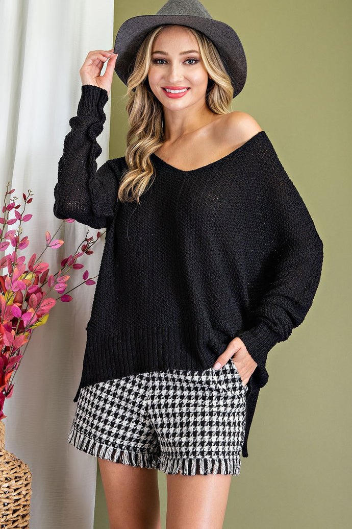 Black Ribbed Knit Slouchy Sweater