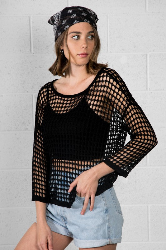 Black Crochet Wide Sleeve Top