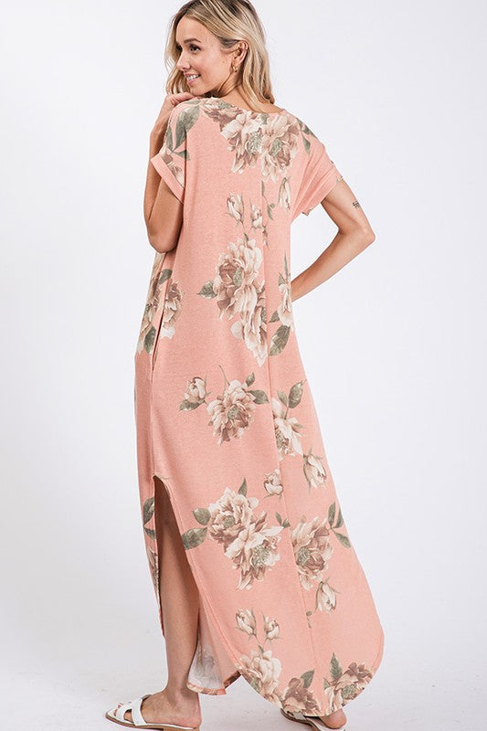 Peach Floral Maxi Dress w/ Side Slit & Pockets